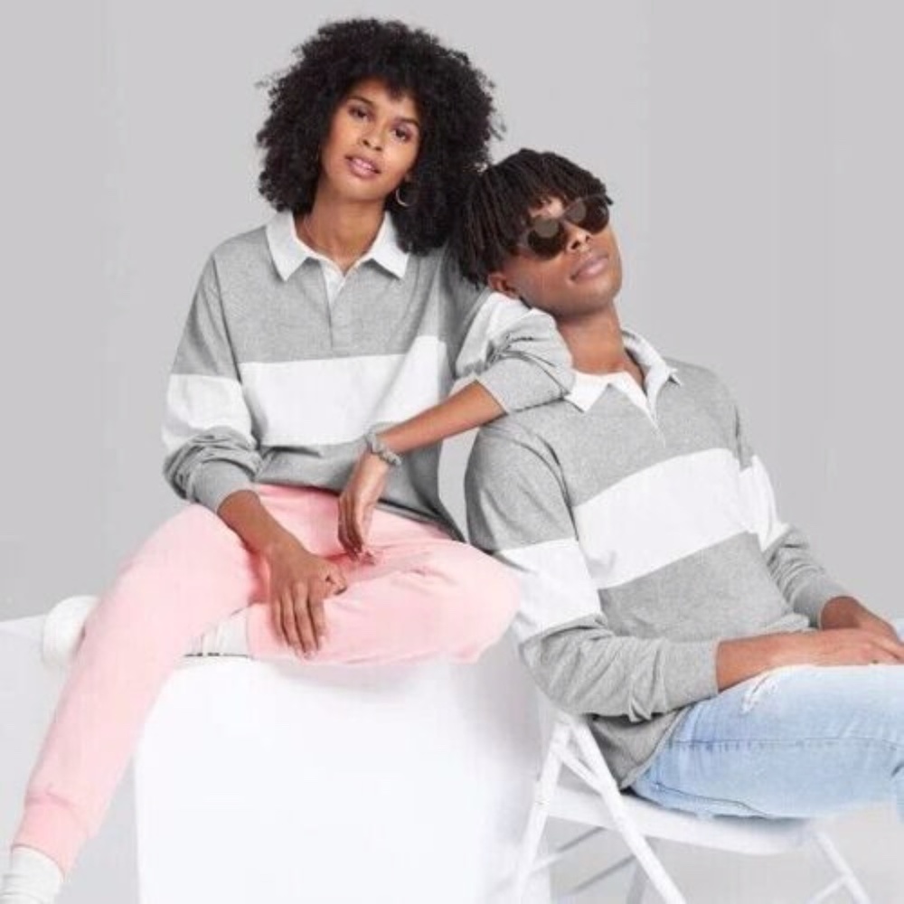 Wild Fable Long Sleeved Oversized Rugby Polo Shirt Gray White XS